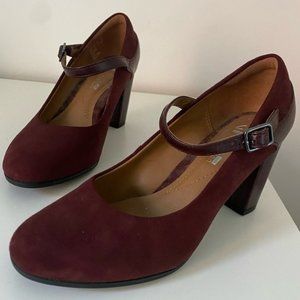CLARKS Alayna Shine Mary Jane Suede Stacked Heels Pumps  Burgundy Red